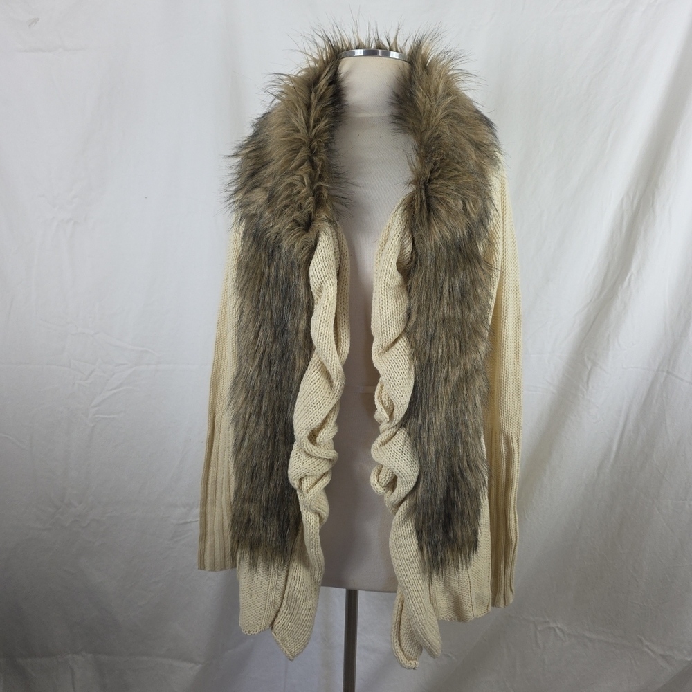 Venus Beige Knit Cardigan Fur Trim Collar Womens Medium Mobwife Boho